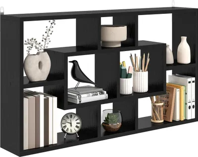 Image de Étagère murale - Étagère cubique - 8 compartiments - Dimensions 85 x 14,5 x 47,5 cm - Fixation murale - Bois - Design moderne - Noir
