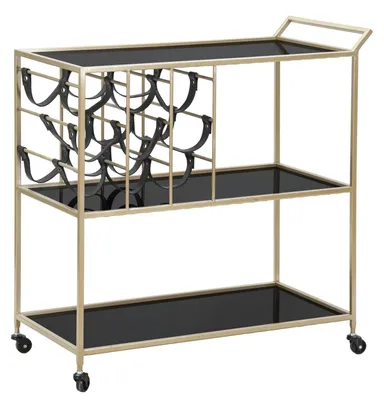 Image de Chariot Noir Et Or Avec Porte-Bouteilles Et Porte-Aliments Et Miroirs, 79 X 39,5 X 82 Cm - Style Glamour - Parent 940