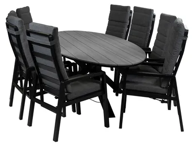 Produktbild von 9-teiliges ovales Garten-Set | 8 Berlin Gartenstühle (Schwarz) | Gartentisch Limasol 280 cm (Grau)
