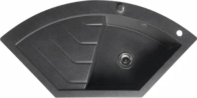 A top-down view of a black corner sink with a draining board.