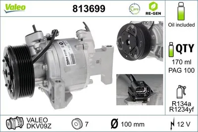 Produktbild von VALEO 813699 DKV09Z Klimaanlage Klimakompressor PAG 100 R1234yf R134a für SMART FORTWO Coupe (451) für RENAULT Twingo III Schrägheck (BCM)