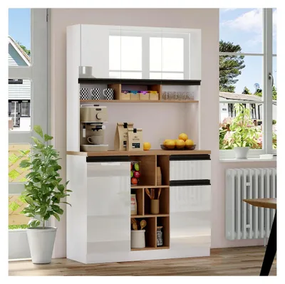 Produktbild von 105×45×185 cm, Moderner Küchenschrank in Weiß, Buffet, Sideboard, Hochglanzfronten, Metallgriffe, Verstellbare Regale, Schubladen, Offener Stauraum, Kippschutz