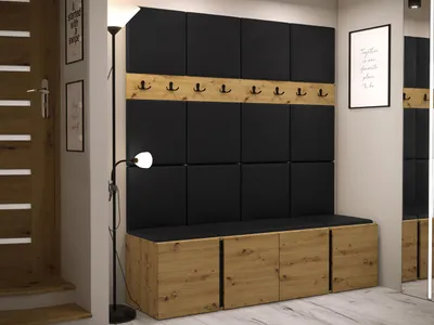 Obrázok produktu pre Predsieňová stena s botníkom a panelmi 42x42 SELAND 6 - dub artisan / čierna