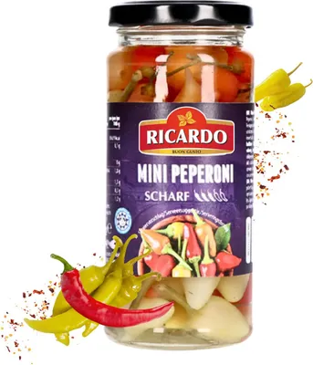 Produktbild von RICARDO Mini Peperoni 250g Feinkost Mini Capsicum Gelb Scharf Gewürzpaprika