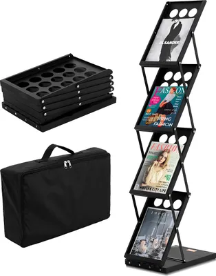 Produktbild von VEVOR Prospektständer Bodenprospektständer 4 Fächer faltbar, Literaturstände Zeitungskatalogständer, Broschürenständer mit Tragetasche für Geschäfte Ausstellungen Büros 27 x 36 x 125 cm Schwarz