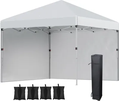 A white pop-up tent with side walls is shown, along with four black sandbags and a black carrying bag for the tent.