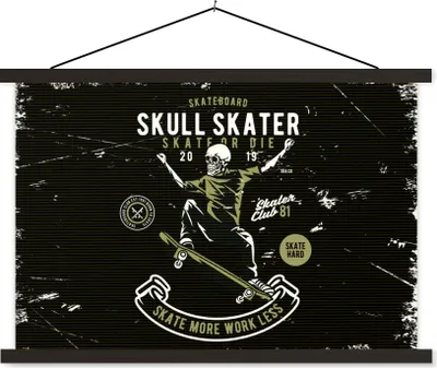 Produktbild von MuchoWow® Textilposter Skelett - Skateboard - Retro 90x60 cm mit schwarzem Rahmen - Aufhängungssatz