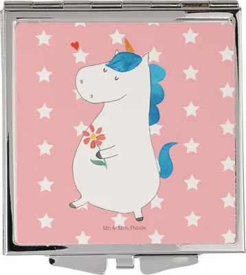 Produktbild von Mr. & Mrs. Panda Klappbarer Spiegel Einhorn Spaziergang - Rot Pastell - Geschenk, Freundin, Einhörner, Unicorn, Schminkspiegel klein, Reisespiegel, Kleiner, Blumen