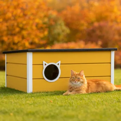 Obrázek produktu pro QLS Zateplený dřevěný domek pro kočky 73×52×38 cm se závěsem Odolný proti povětrnostním vlivům medově žlutý 11395