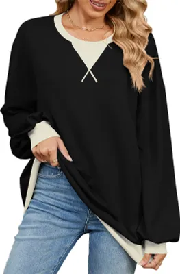 Produktbild von ASKSA Damen Sweatshirt Oversized Farbblock Rundhals Casual Langarmshirt Oberteile Herbst Y2K Shirt (Schwarz,XXL)