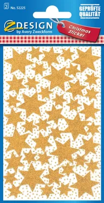 The image shows a package of gold glitter star stickers with a white background and small grey dots. The packaging has branding and product information.