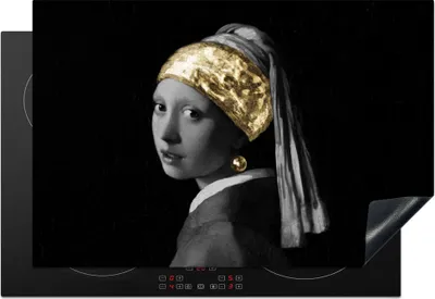 Produktbild von KitchenYeah© Herdabdeckplatte Mädchen mit einem Perlenohrring - Vermeer - Gold , 78x52cm, Küche Deko, Glaskeramikkochfeld Herdabdeckung, Abdeckplatte fùr Kochfeld
