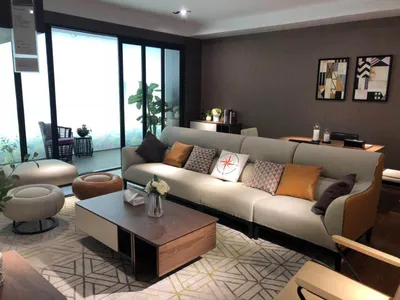 Productafbeelding van Moderne vierpersoonsbank, gestoffeerd designsofa, bank met hocker, zithoekmeubels voor de woonkamer