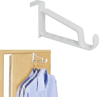 A white over-the-door hook is shown separately and then in use hanging shirts on a door.