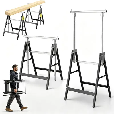Productafbeelding van Set van 2 inklapbare metalen steigerbokken, draagvermogen 200 kg, 7-voudig verstelbaar van 80-130 cm, met vergrendelingshaak, telescopisch, zwart en zilver