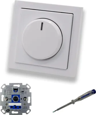 Produktbild von REV Ritter LED Drehdimmer LED-Dimmer mit Busch Jäger Dimmerscheibe Zentralplatte 6540-84-102 Einfachrahmen in Future Linear Studioweiß glänzend + EBROM Phasenprüfer z. Montage des Dimmers ET1 66012B