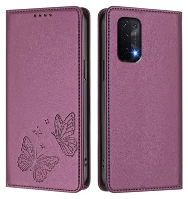 Produktbild von Lederhülle für Oppo A54 5G/Oppo A74 5G, Schmetterling Prägung Leder Brieftasche Schutzhülle mit Ständer Lila