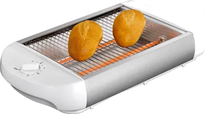 A white and silver toaster with two bread rolls inside, glowing orange heating elements are visible.