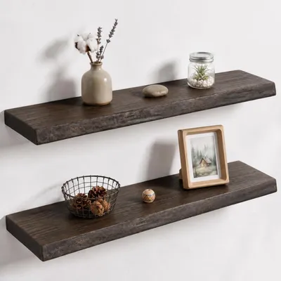 Immagine prodotto di Mensola da parete in legno massello di ulmo con bordo naturale, 60 cm, set da 2