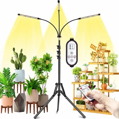 Productafbeelding van Volledig spectrum plantlamp met 3 lampkoppen, LED groeilamp, plantlamp met standaard, geschikt voor kamerplanten, groeilamp met timer