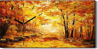 Produktbild von Wanduhr Uhr Wandbild Leinwand Geräuschlos 60x30 Herbst Bäume Wald blätter - schwarze Hände