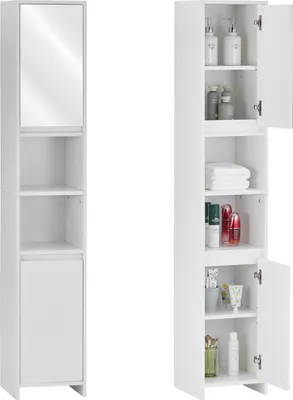 Image de CLIPOP Armoire de salle de bains avec miroir, 2 portes et 2 étagères ouvertes,30 x 30 x 163 cm