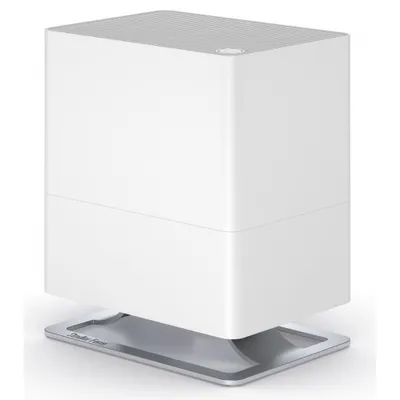 A white humidifier with a silver base, shown against a white background.