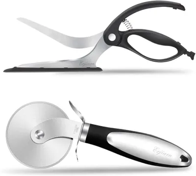 Produktbild von Pizzaschere & Pizzaschneider Set 2-teilig – Edelstahl Pizza Cutter mit Servierfläche, ergonomischer Griff, Pizza Zubehör für Pizza, Flammkuchen & Gebä