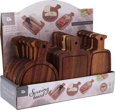 A display box of wooden serving boards, with images of the boards in use on the front.