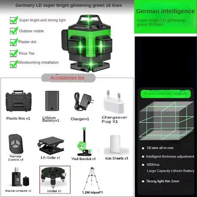 Immagine prodotto di Livella laser - Laser a linee incrociate 4D con 16 linee - Autolivellante 3° - Linee a 360° - Telecomando - Spina UE - Treppiede e valigetta in plastica