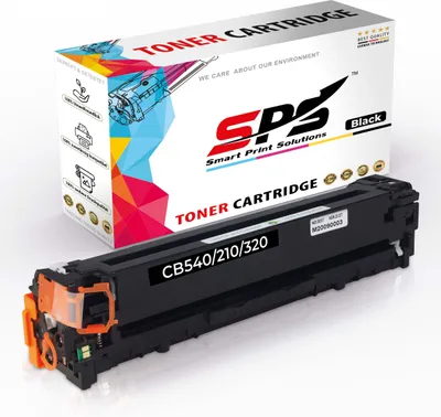 A black toner cartridge is shown in front of its packaging.