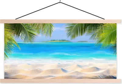 Produktbild von MuchoWow® Textilposter Strand - Palme - Meer - Insel 150x75 cm mit holzfarbenen Rahmen - Plakate