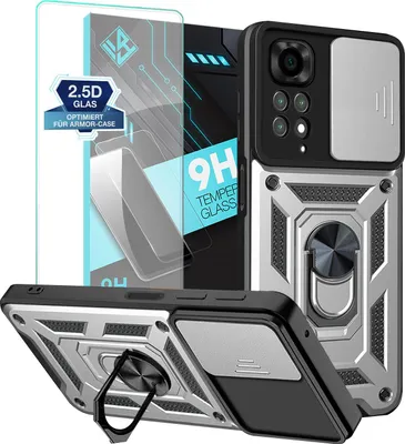 Produktbild von Armor Handyhülle für Xiaomi Redmi Note 11 Pro mit 9H Displayglas Displayschutz Kameraschutz Handy Panzer Case Cover Schutzhülle Outdoor Farbe: Silber
