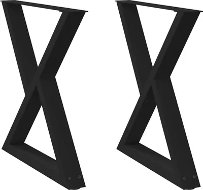 Two black table legs with an X-shaped design are shown against a white background.