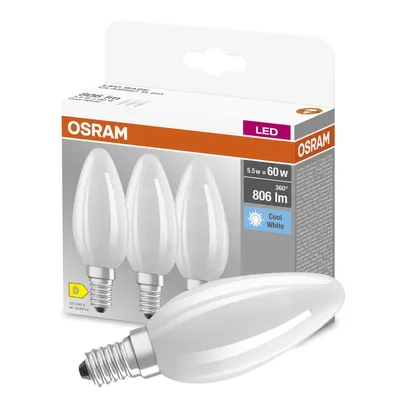 Produktbild von OSRAM HOMELIGHTING 4058075592575 LED (monochrome) EEC D (A - G) E14 Candle shape 5.5 W = 60 W Cool white (Ø x L) 35 mm x 100 mm 3 pc(s)