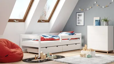 Produktbild von Meble Wróbel, Holzeinzelbett mit Rausfallschutz, Pawcio, Kiefernholz, 90 x 200 cm, Weiß