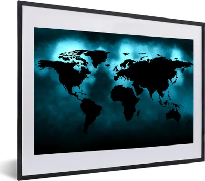 Produktbild von MuchoWow® MuchoWow® Gerahmtes Poster Weltkarte - Schwarz - Blau 60x40 cm - Poster mit zchwarzem Bilderrahmen - Schlafzimmer - Plakat in Rahmen - Drucken