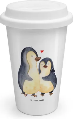 Produktbild von Mr. & Mrs. Panda becher kaffee Pinguin umarmen - Weiß - Geschenk, Thermobecher To Go, Liebe, Umarmung Verliebt, keramik, Verknallt, ToGo Kaffeebecher, Thermokaffeebecher