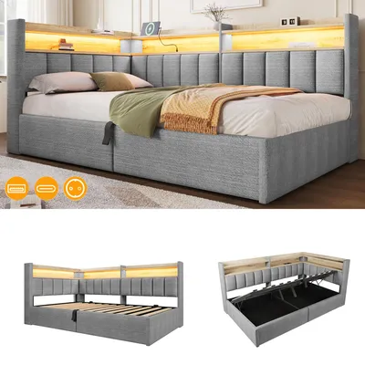 Obrázek produktu pro Postel o rozměrech 90 x 200 cm s hydraulickým úložným prostorem, RGB LED osvětlením, otevřenými policemi, USB-A/USB-C porty, flexibilně montovatelnými bočními prvky, potažená sametem, barva béžová/šedá