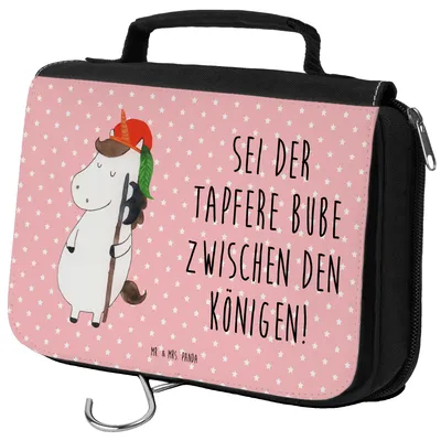 Produktbild von Mr. & Mrs. Panda beauty case Einhorn Junge - Rot Pastell - Geschenk, Mittelalter, kulturtäschchen, Unicorn, kosmetiktäschchen, Einhörner, Kulturbeutel, beautycase, Bube