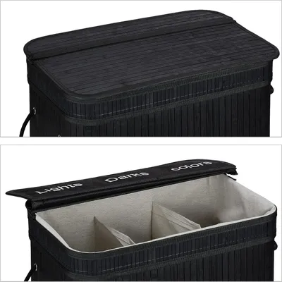 Zdjęcie produktu dla Bambusowy kosz na pranie 3 komory 30 L - pokrywa - uchwyty - czarny - HBT 63 x 55 x 35 cm Kosz na pranie 3 komory