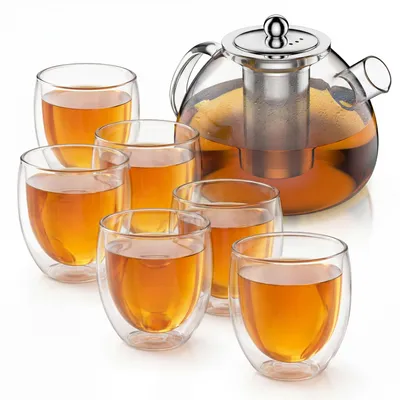 Produktbild von Arendo Teekanne Glas 1,5 l, Edelstahlsieb und 6 Thermogläsern 350 ml, doppelwandige Gläser ohne Henkel, aus Borosilikatglas, Glaskanne, 8 Teile, transparent-silber