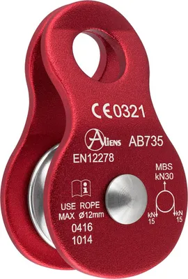 Umlenkrolle STANDARD PULLEY 30 kN von Aliens; rot; mit CE-Zertifizierung und technischen Angaben.