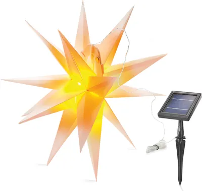 A solar-powered star-shaped light with a solar panel on a stake.
