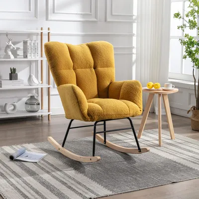 Productafbeelding van Mid-century schommelstoel, bekleed met teddy stof, gestoffeerd, geschikt voor woon- en slaapkamer