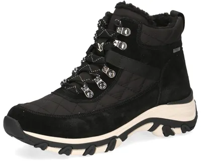 A single black winter boot is shown against a white background.