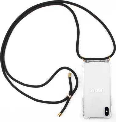 A clear product shot of a phone case with a lanyard.
