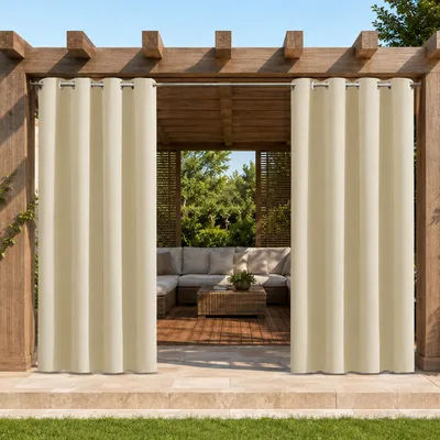 Produktbild von Außen Vorhang Wasserdicht Sonnenschutz Gardine Outdoor Verdunkelungsvorhang mit Ösen für Terrasse, Balkon, Hof, 132x243cm, Beige