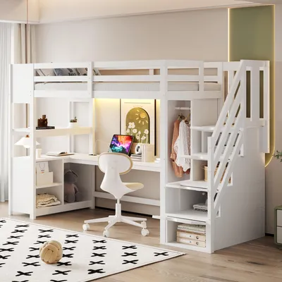 Produktbild von Merax Etagenbett Hochbett 90x200cm mit Schreibtisch und Kleiderschrank, Holzbett mit Stauraumtreppe und LED, Kinderbett mit Sicherheitsgeländer, Weiß