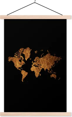 Produktbild von MuchoWow® Textilposter Weltkarte - Gold - Luxus 60x90 cm mit holzfarbenen Rahmen - Textil